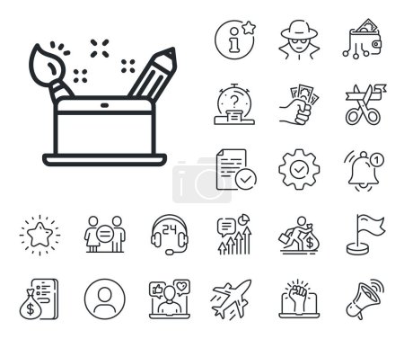 Illustration for Graphic designer sign. Salaryman, gender equality and alert bell outline icons. Creativity concept line icon. Brush and pencil symbol. Creativity concept line sign. Vector - Royalty Free Image