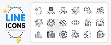 Illustration for Apartment insurance, Coronavirus and Stop coronavirus line icons set for app include Vitamin e, Vitamin a, Medical flight outline thin icon. Blood and saliva test, Eye. Vector - Royalty Free Image