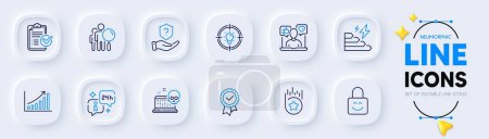Illustration for Survey checklist, Search people and Consumption growth line icons for web app. Pack of Tested stamp, Info, Protection shield pictogram icons. Cyber attack, Lock, Idea signs. Social media. Vector - Royalty Free Image