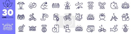 Illustration for Winner reward, Leadership and Maggots line icons pack. Worms, Timer, Yoga web icon. Fishing lure, Laureate medal, Sports arena pictogram. Arena stadium, Delivery bike, Winner ribbon. Vector - Royalty Free Image