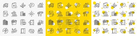 Illustration for Outline Paint roller, Rise price and Floor plan line icons pack for web with Charging time, Night city, Co2 line icon. Cardboard box, Power certificate, Skyscraper buildings pictogram icon. Vector - Royalty Free Image