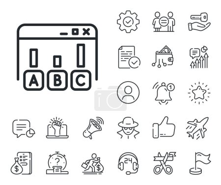 Illustration for Best answer sign. Salaryman, gender equality and alert bell outline icons. Survey results line icon. Business stats symbol. Survey results line sign. Spy or profile placeholder icon. Vector - Royalty Free Image
