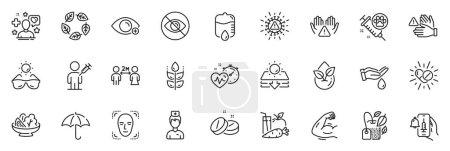 Illustration for Icons pack as Dont touch, Sunglasses and Doctor line icons for app include Vaccine announcement, Drop counter, Sun protection outline thin icon web set. Cardio training. Vector - Royalty Free Image