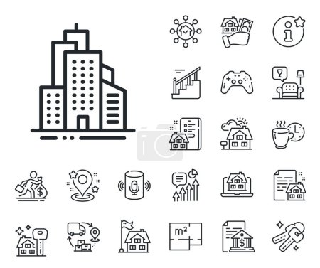 Illustration for City architecture sign. Floor plan, stairs and lounge room outline icons. Skyscraper buildings line icon. Town symbol. Skyscraper buildings line sign. House mortgage, sell building icon. Vector - Royalty Free Image
