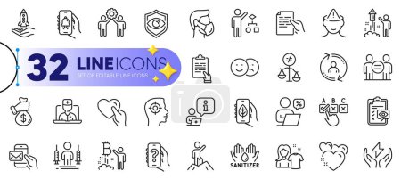 Illustration for Outline set of Eye detect, Medical mask and Clipboard line icons for web with Clean shirt, Ethics, Leadership thin icon. Hold heart, Bribe, Recruitment pictogram icon. Eye checklist. Vector - Royalty Free Image