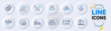 Illustration for Sleep, Correct checkbox and Receive file line icons for web app. Pack of Money tax, Work home, Heart flame pictogram icons. Organic tested, Bitcoin, Dishes signs. Website statistics. Vector - Royalty Free Image