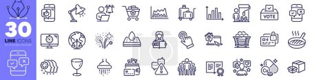 Illustration for Employees teamwork, Luggage trolley and Vote box line icons pack. Phone survey, Glass, Coal trolley web icon. Shower, Card, Remove purchase pictogram. Trade chart, Influence, Packing boxes. Vector - Royalty Free Image