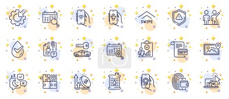 Illustration for Outline set of Search employee, Online storage and Sleep line icons for web app. Include Photo location, Inspect, Car key pictogram icons. Seo gear, Dermatologically tested, Music app signs. Vector - Royalty Free Image