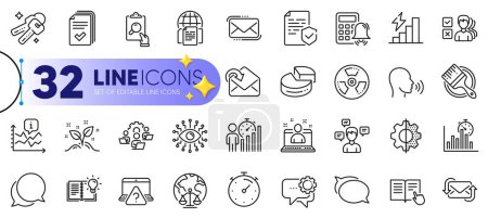 Illustration for Outline set of Consumption growth, Talk bubble and Calculator alarm line icons for web with Transform, Artificial intelligence, Timer thin icon. Chat message, Magistrates court. Vector - Royalty Free Image