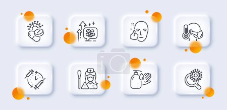 Illustration for Healthy face, Coronavirus pills and Wash hands line icons pack. 3d glass buttons with blurred circles. Vaccination schedule, Stress grows, Nurse web icon. Vector - Royalty Free Image