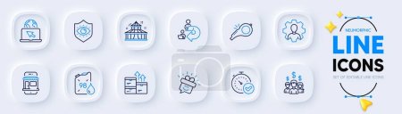 Illustration for Whistle, Petrol canister and Circus line icons for web app. Pack of Fast verification , Marketplace, Salary employees pictogram icons. Delegate work, Smile, Professional signs. Vector - Royalty Free Image