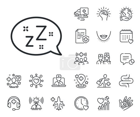 Illustration for Zzz speech bubble sign. Online doctor, patient and medicine outline icons. Sleep line icon. Chat message symbol. Sleep line sign. Veins, nerves and cosmetic procedure icon. Intestine. Vector - Royalty Free Image