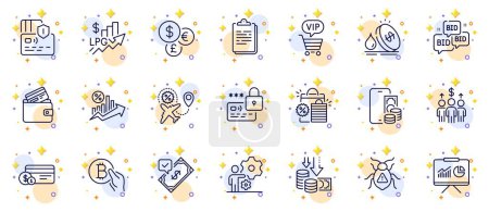 Illustration for Outline set of Phone pay, Meeting and Vip shopping line icons for web app. Include Bid offer, Deflation, Clipboard pictogram icons. Shopping bags, Accepted payment, Debit card signs. Vector - Royalty Free Image