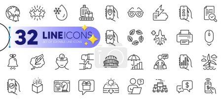 Illustration for Outline set of Financial app, Battery and Analysis app line icons for web with Online question, Star, Seo strategy thin icon. Inspect, Printer, Freezing water pictogram icon. Vector - Royalty Free Image