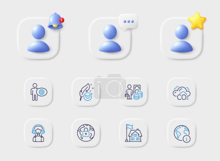 Illustration for Internet, Building and Support line icons. Placeholder with 3d star, reminder bell, chat. Pack of Lock, Hypoallergenic tested, Money profit icon. Cogwheel, Co2 pictogram. For web app, printing. Vector - Royalty Free Image