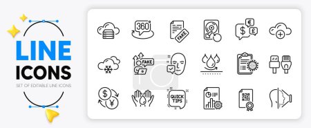 Illustration for Waterproof, Computer cables and Safe water line icons set for app include Coronavirus report, Money currency, Qr code outline thin icon. Currency exchange, Cloud computing. Vector - Royalty Free Image
