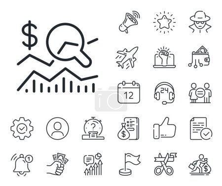 Illustration for Business audit sign. Salaryman, gender equality and alert bell outline icons. Check investment line icon. Check finance symbol. Check investment line sign. Spy or profile placeholder icon. Vector - Royalty Free Image