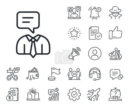 Illustration for Conversation sign. Salaryman, gender equality and alert bell outline icons. Human talking line icon. Communication speech bubble symbol. Support service line sign. Vector - Royalty Free Image