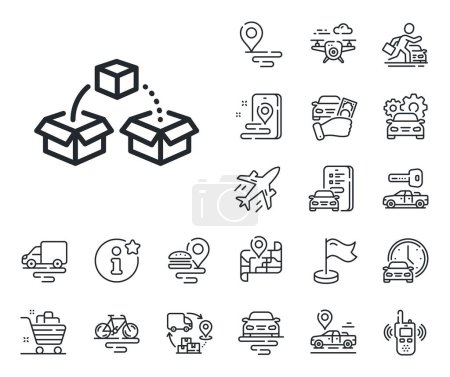 Illustration for Delivery box sign. Plane, supply chain and place location outline icons. Parcel shipping line icon. Cargo package symbol. Parcel shipping line sign. Taxi transport, rent a bike icon. Vector - Royalty Free Image