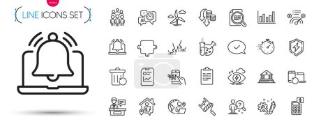 Pack of Deflation, Reminder and Calculator line icons. Include Check article, Recovery trash, Time management pictogram icons. Approved message, Work home, Timer signs. Education. Vector