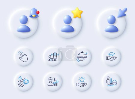 Illustration for Wash hand, Cleaning and Food delivery line icons. Placeholder with 3d cursor, bell, star. Pack of Podcast, Leaf, Cursor icon. Business growth, Loyalty program pictogram. For web app, printing. Vector - Royalty Free Image