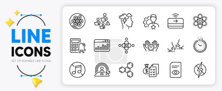 Illustration for Talk, Teamwork and Chemistry atom line icons set for app include Accounting wealth, Lgbt, Mindfulness stress outline thin icon. Cable section, Marketing statistics, Safe time pictogram icon. Vector - Royalty Free Image