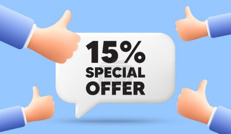 Illustration for 15 percent discount offer tag. 3d speech bubble banner with like hands. Sale price promo sign. Special offer symbol. Discount chat speech message. 3d offer talk box. Vector - Royalty Free Image