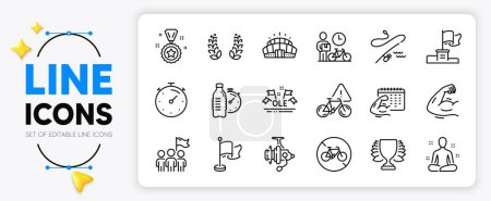 Illustration for Fishing reel, Fishing rod and Arena stadium line icons set for app include Winner, Bike attention, Bicycle prohibited outline thin icon. Strong arm, Timer, Yoga pictogram icon. Vector - Royalty Free Image