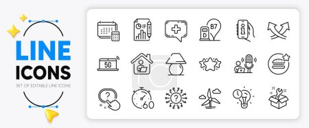 Illustration for Timer, Info app and Diesel station line icons set for app include Report document, Spanner, Account outline thin icon. Question mark, Windmill turbine, Question button pictogram icon. Vector - Royalty Free Image