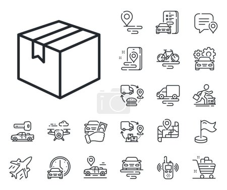 Illustration for Logistics delivery sign. Plane, supply chain and place location outline icons. Shipping box line icon. Parcels tracking symbol. Parcel line sign. Taxi transport, rent a bike icon. Travel map. Vector - Royalty Free Image
