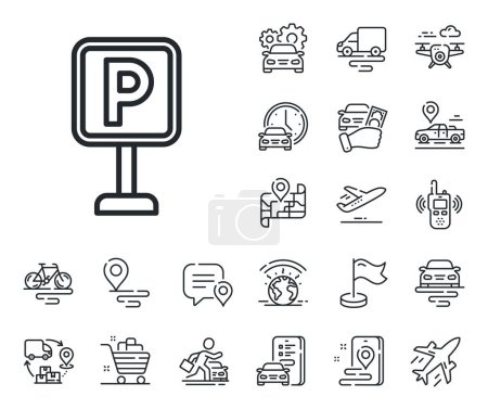 Illustration for Car park sign. Plane, supply chain and place location outline icons. Parking line icon. Transport place symbol. Parking line sign. Taxi transport, rent a bike icon. Travel map. Delivery truck. Vector - Royalty Free Image