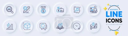 Illustration for 24 hours, Teamwork chart and Recovery data line icons for web app. Pack of Package size, Data analysis, Salary pictogram icons. Best rank, Musical note, Project edit signs. Map, Teacher. Vector - Royalty Free Image