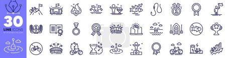 Illustration for Cardio training, Swimming pool and Winner line icons pack. Arena, Fish school, Laureate award web icon. Medal, Empower, Hook pictogram. Diploma, Leadership, Ole chant. Winner ribbon. Vector - Royalty Free Image