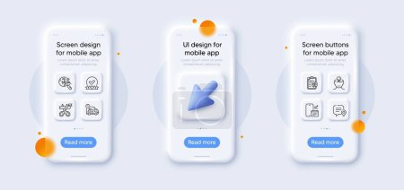 Illustration for Cut ribbon, Chat bubble and Mental health line icons pack. 3d phone mockups with cursor. Glass smartphone screen. Rating stars, Search flight, Delivery web icon. Vector - Royalty Free Image