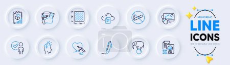 Illustration for Elephant on ball, Social care and Square meter line icons for web app. Pack of Signature, No smoking, Cloud computing pictogram icons. Brand ambassador, Qr code, Rent car signs. Vector - Royalty Free Image
