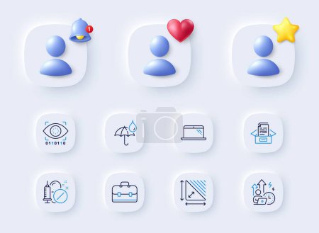Illustration for Medical drugs, Laptop and Waterproof umbrella line icons. Placeholder with 3d bell, star, heart. Pack of Triangle area, Documents box, Portfolio icon. Vector - Royalty Free Image