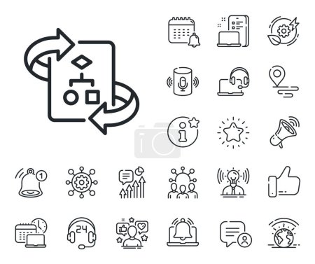 Illustration for Project documentation sign. Place location, technology and smart speaker outline icons. Technical algorithm line icon. Technical algorithm line sign. Influencer, brand ambassador icon. Vector - Royalty Free Image