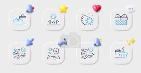 Illustration for Balloon dart, Gifts and Gift line icons. Buttons with 3d bell, chat speech, cursor. Pack of Sale bags, Lake, Honeymoon travel icon. Sun protection, Cancel flight pictogram. Vector - Royalty Free Image