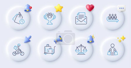 Illustration for Time management, Queue and Mail correspondence line icons. Buttons with 3d bell, chat speech, cursor. Pack of Winner cup, Luggage trolley, Justice scales icon. Delivery bike, Buyer pictogram. Vector - Royalty Free Image