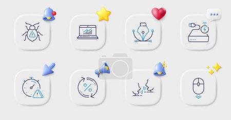 Illustration for Power bank, Pen tool and Talk line icons. Buttons with 3d bell, chat speech, cursor. Pack of Scroll down, Attention, Loan percent icon. Online statistics, Software bug pictogram. Vector - Royalty Free Image