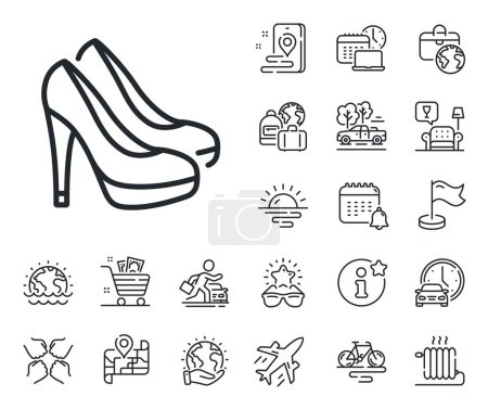 Illustration for Female footwear sign. Plane jet, travel map and baggage claim outline icons. Women shoes line icon. Fashion high heels symbol. Shoes line sign. Car rental, taxi transport icon. Place location. Vector - Royalty Free Image