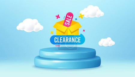 Illustration for Clearance sale banner. Winner podium 3d base. Product offer pedestal. Discount sticker box. Special offer icon. Clearance sale promotion message. Background with 3d clouds. Vector - Royalty Free Image