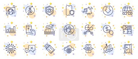 Illustration for Outline set of Rating stars, Puzzle game and Eye detect line icons for web app. Include Entrance, Buy currency, Cloud computing pictogram icons. Download arrow, Lightweight mattress. Vector - Royalty Free Image