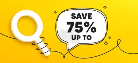 Illustration for Save up to 75 percent. Continuous line chat banner. Discount Sale offer price sign. Special offer symbol. Discount speech bubble message. Wrapped 3d search icon. Vector - Royalty Free Image