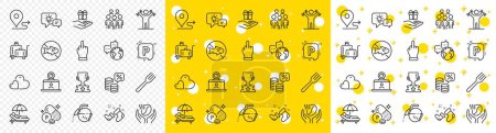 Illustration for Outline World communication, Coffee pot and Journey line icons pack for web with Luggage trolley, Phosphorus mineral, Idea lamp line icon. Group people, Loyalty program, Parking pictogram icon. Vector - Royalty Free Image