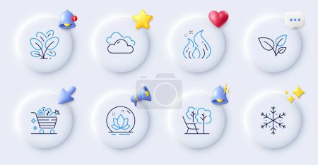 Illustration for Cloudy weather, Leaves and Lotus line icons. Buttons with 3d bell, chat speech, cursor. Pack of Snowflake, Vegetables cart, Deckchair icon. Spinach, Fire energy pictogram. Vector - Royalty Free Image
