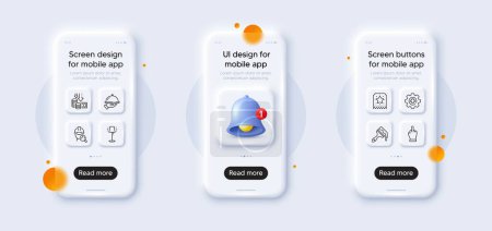 Illustration for Loyalty ticket, Brush and Medicine line icons pack. 3d phone mockups with bell alert. Glass smartphone screen. Deflation, Stand lamp, Inspect web icon. Middle finger, Restaurant food pictogram. Vector - Royalty Free Image