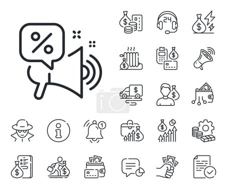 Illustration for Sale promotion sign. Cash money, loan and mortgage outline icons. Discounts offer line icon. Megaphone offer symbol. Discounts offer line sign. Credit card, crypto wallet icon. Vector - Royalty Free Image