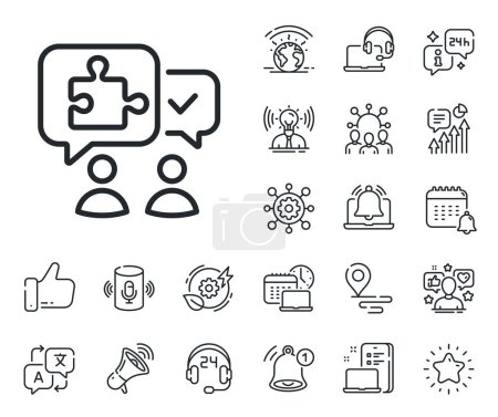 Illustration for Jigsaw piece with chat bubbles sign. Place location, technology and smart speaker outline icons. Puzzle line icon. Business challenge symbol. Puzzle line sign. Vector - Royalty Free Image