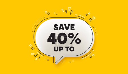 Illustration for Save up to 40 percent. 3d speech bubble yellow banner. Discount Sale offer price sign. Special offer symbol. Discount chat speech bubble message. Talk box infographics. Vector - Royalty Free Image